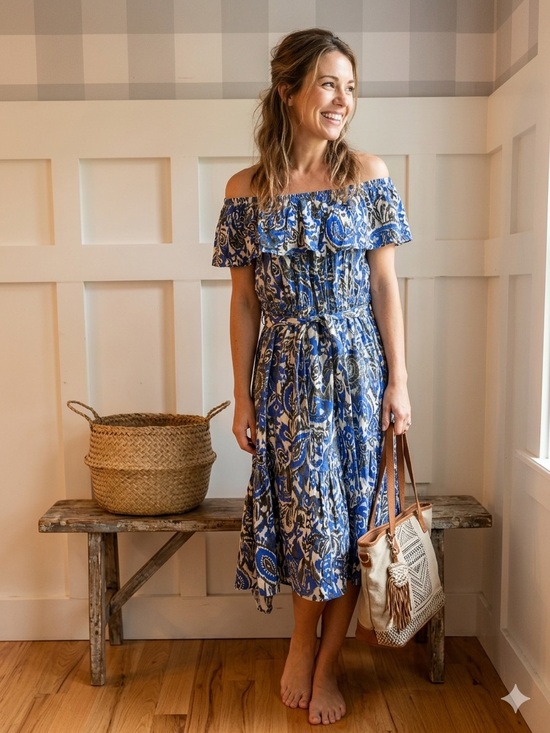 Dresses & Skirts - Off-Shoulder Blue Paisley Midi Dress with Tie Waist Medium
